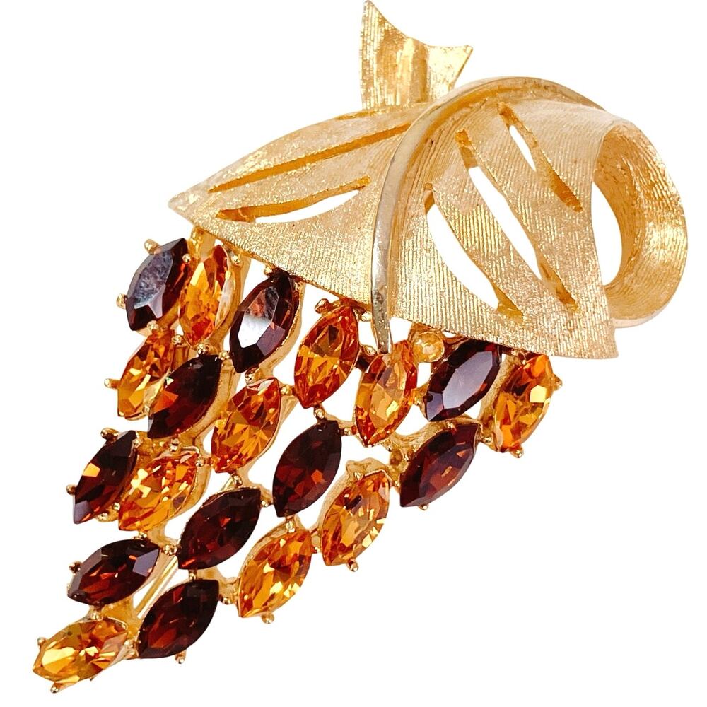 VTG Mid Century Amber Rhinestone Grape Cluster Brooch Gold Tone 1950s Sparkly